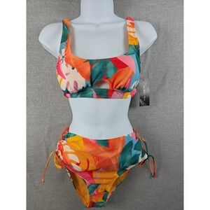 BCBG Paris Womens S Keyhole Crop Bikini Swimsuit Set Two Piece Orange Floral NEW